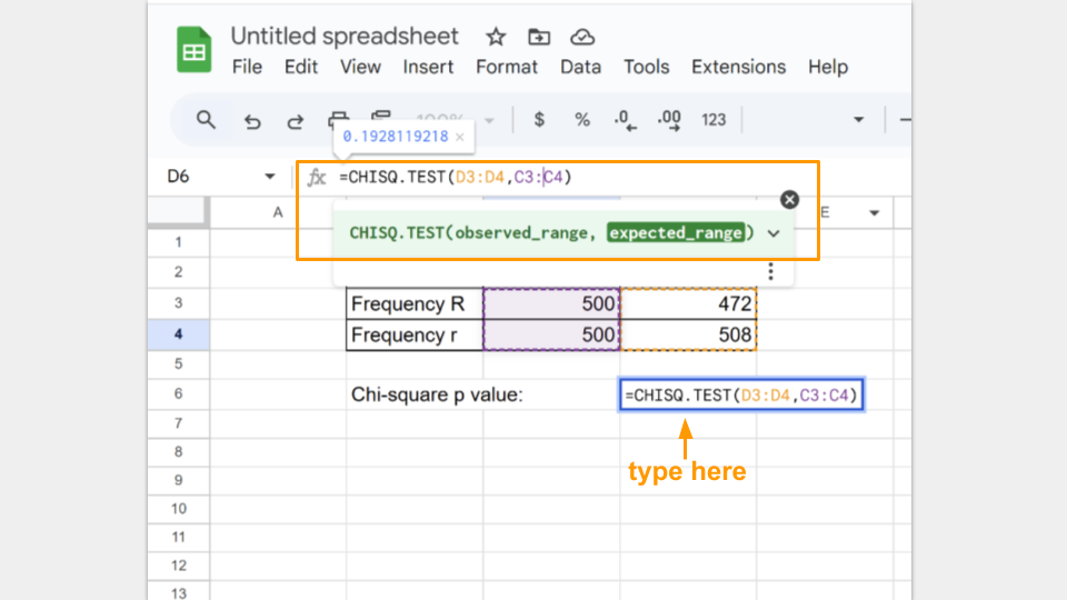 Type the formula for the chi-square test command and choose the observed and expected range of values.