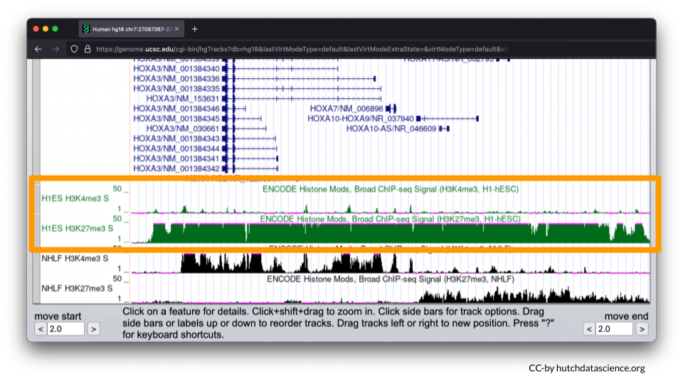 High signals for the H3K27me3 histone mark in the H1-hESC cell line indicate these genes are not expressed in these cells.