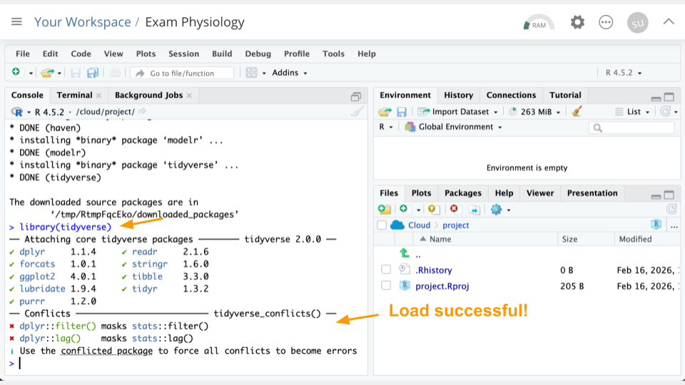 Successfully loading tidyverse with the library command shows that several other packages are attached.