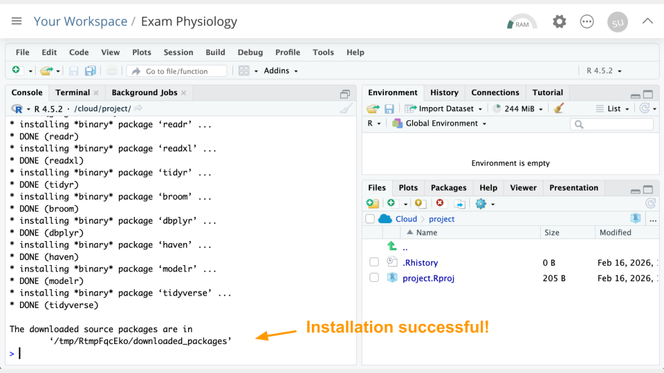 If tidyverse installs successfully, you'll see several 'DONE' messages and 'The downloaded source packages are in...'.
