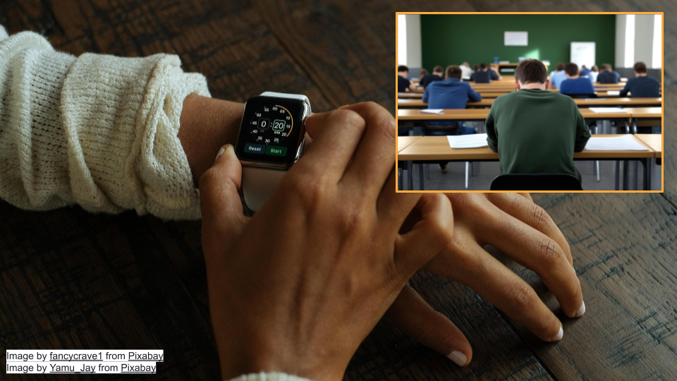 A wrist showing a wearable device and inset, several students taking an exam.