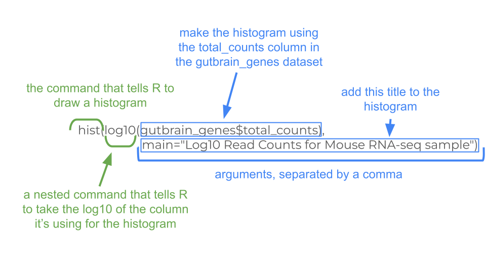 This R command tells R to make a histogram of the log-transformed counts in the total_counts column.