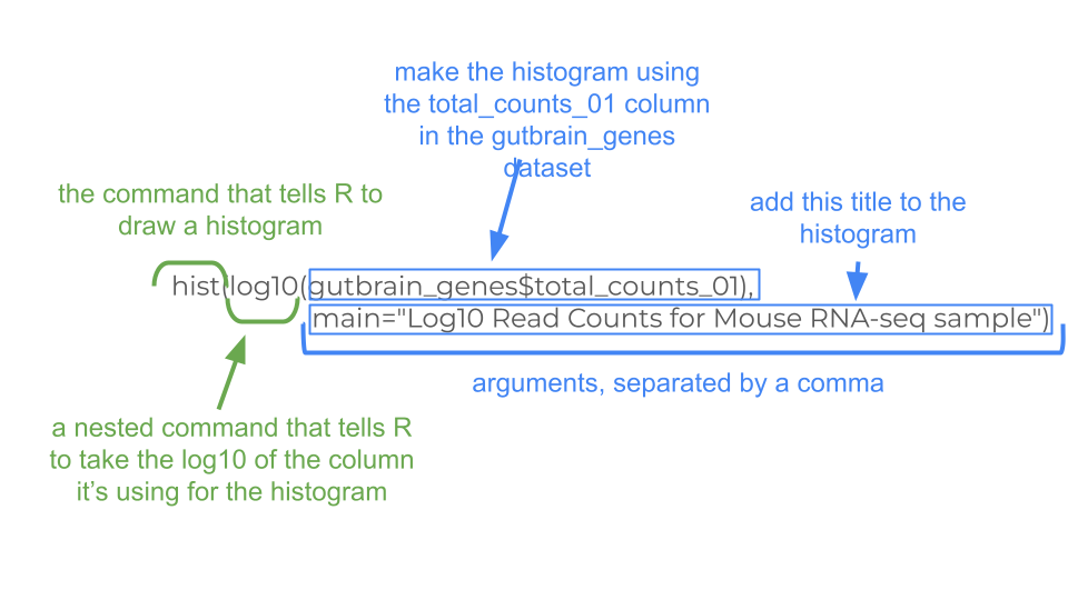 This R command tells R to make a histogram of the log-transformed counts in the total_counts_01 column.