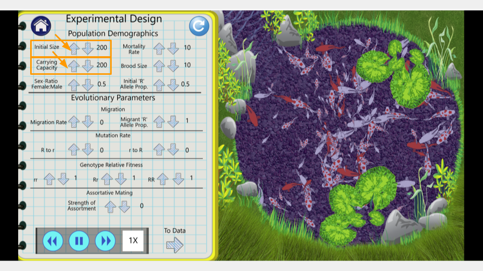 Image of the Experimental Design tab of the fishpond simulation, where you can choose the settings for your simulation.