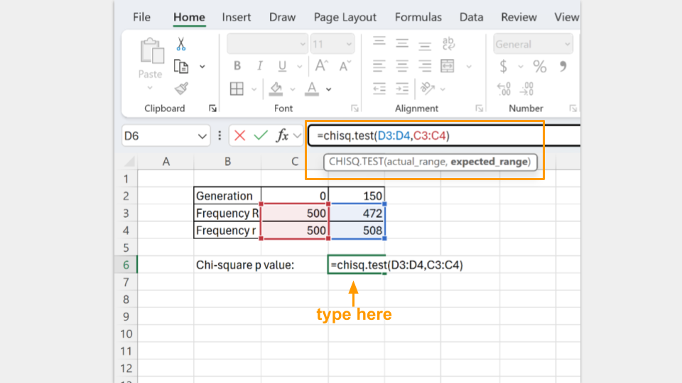 Type the formula for the chi-square test command and choose the actual and expected range of values.