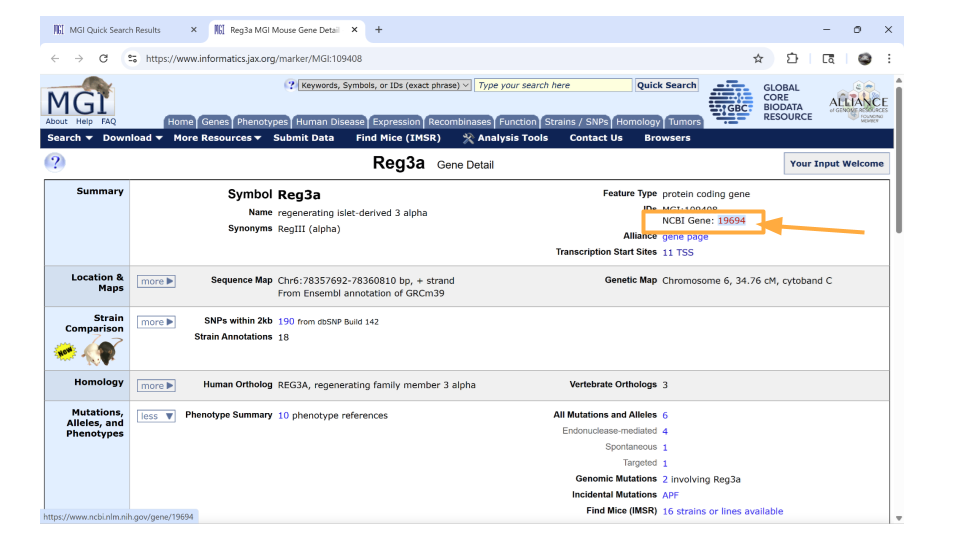 Click the link for the NCBI page in the summary section.