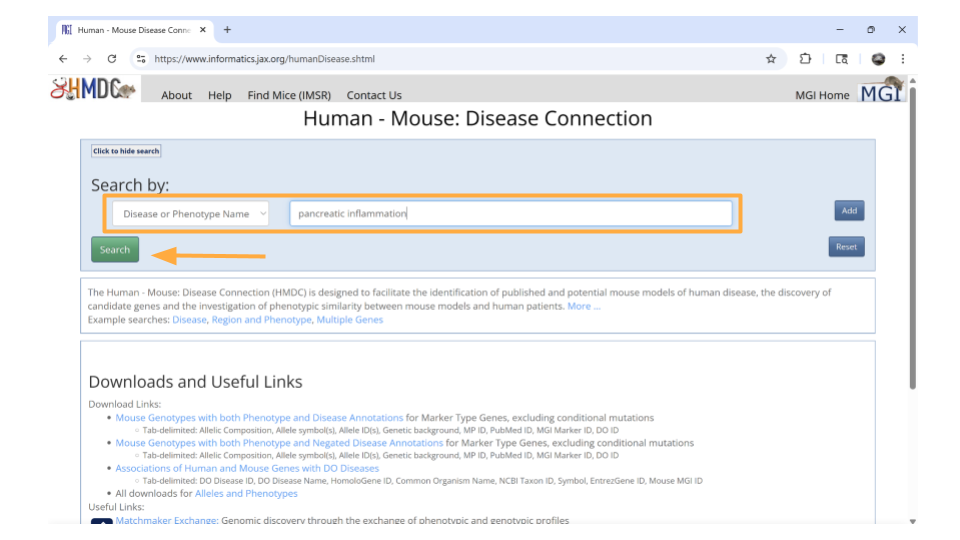 To look up genes associated with a particular disease, choose the Human-Mouse: Disease Connection tab.