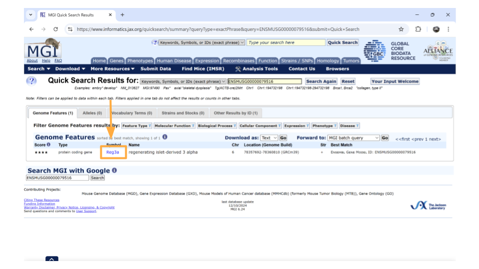 Click on the gene symbol (in this example, Reg3a) to get more detailed information.