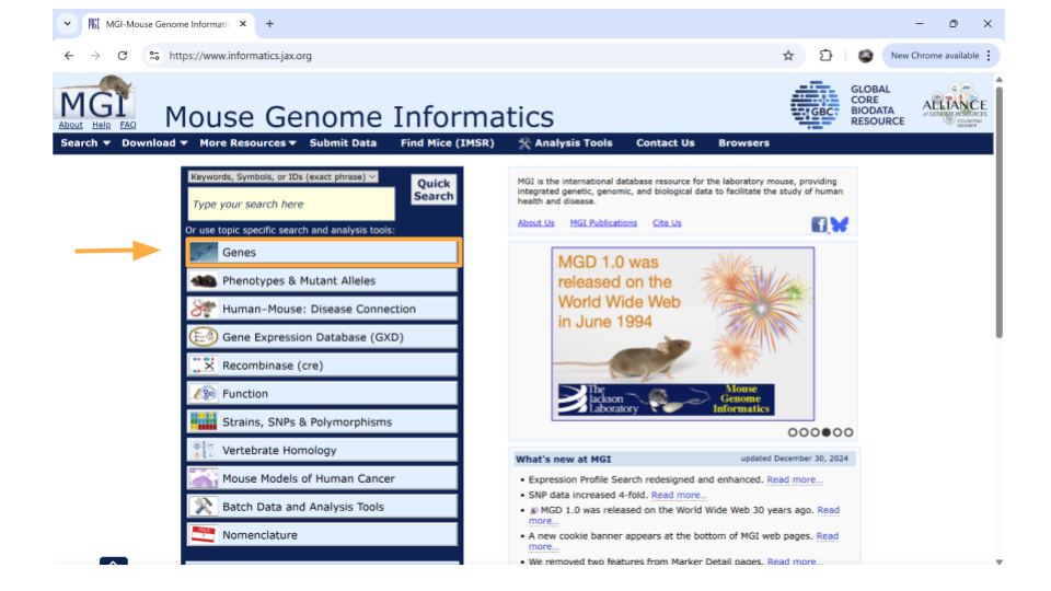 To look up information on a particular gene of interest, choose the “Genes” button.
